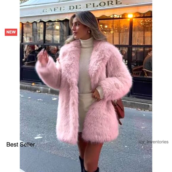 Faux Fur Coat Fluffy Lapel Shaggy Long Sleeve Winter Outerwear Elegant Chic - Picture 4 of 7